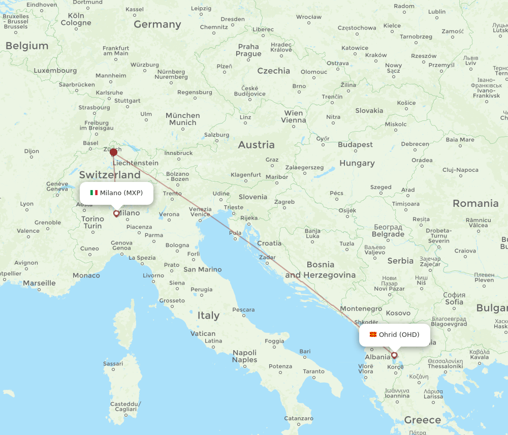 Milan - Ohrid route map and flight paths