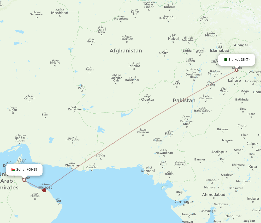 OHS to SKT flights and routes map