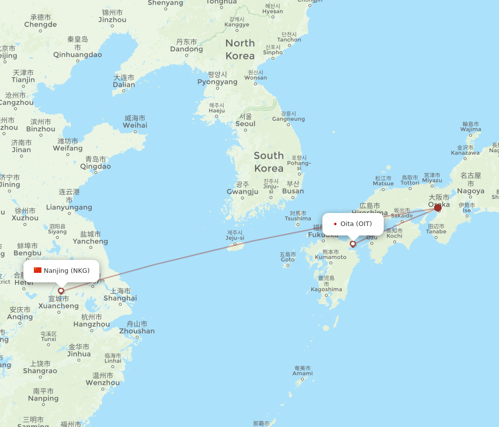 Nanjing - Oita route map and flight paths