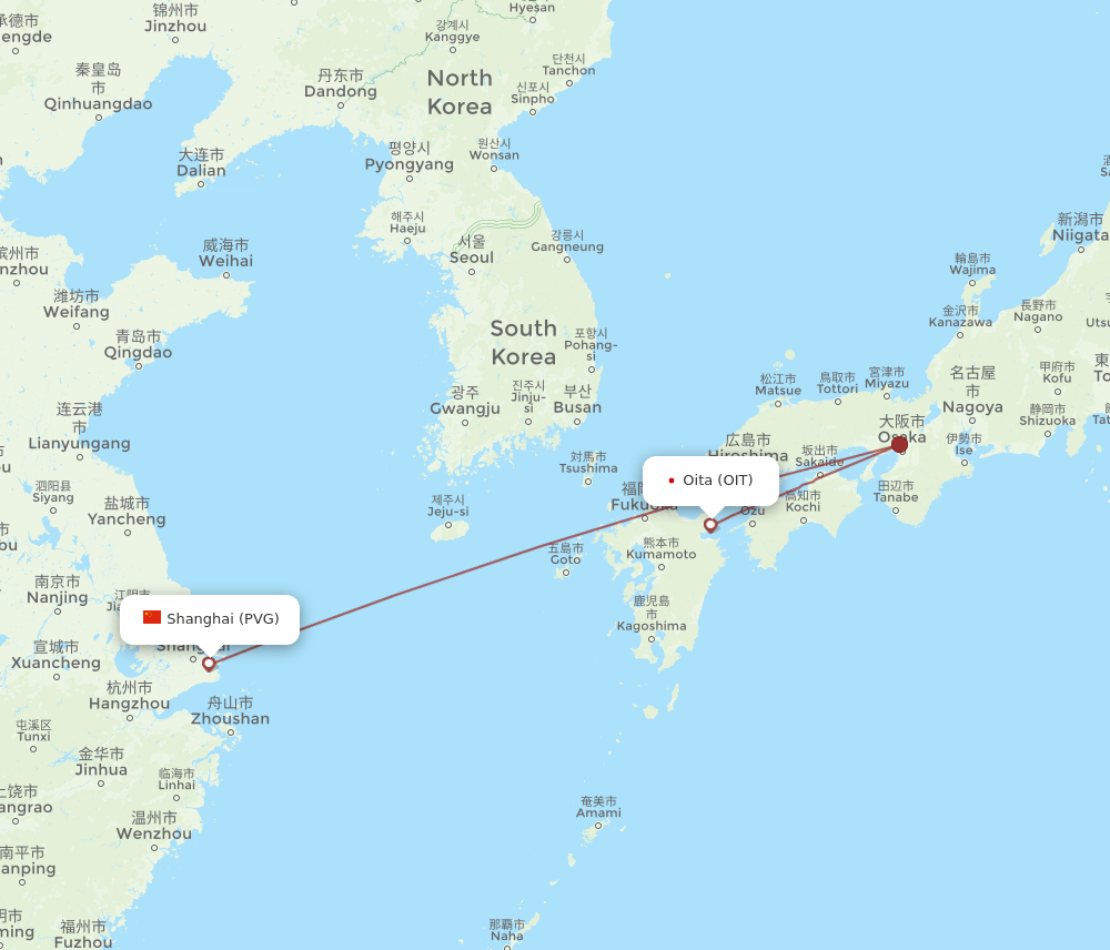Shanghai - Oita route map and flight paths