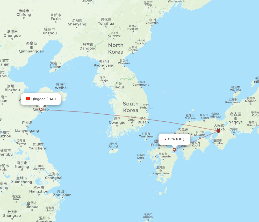 Qingdao - Oita route map and flight paths