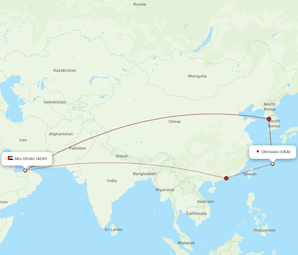 Abu Dhabi - Okinawa route map and flight paths