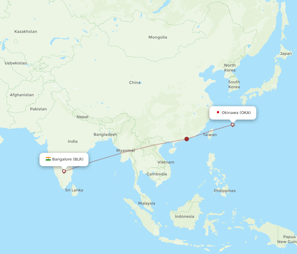 Bengaluru - Okinawa route map and flight paths