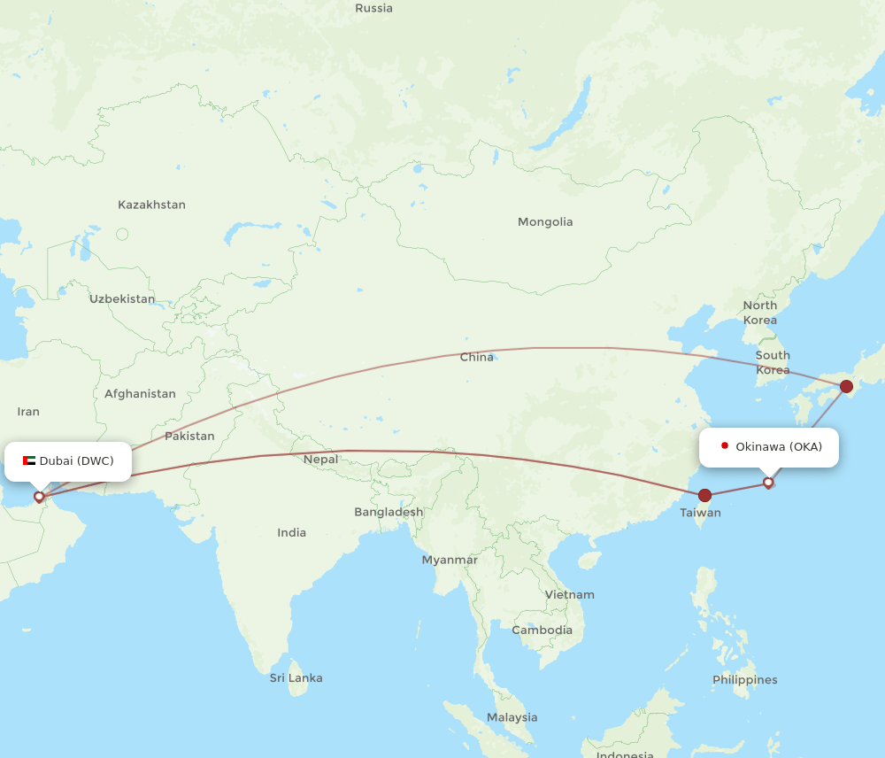 Okinawa - Dubai route map and flight paths