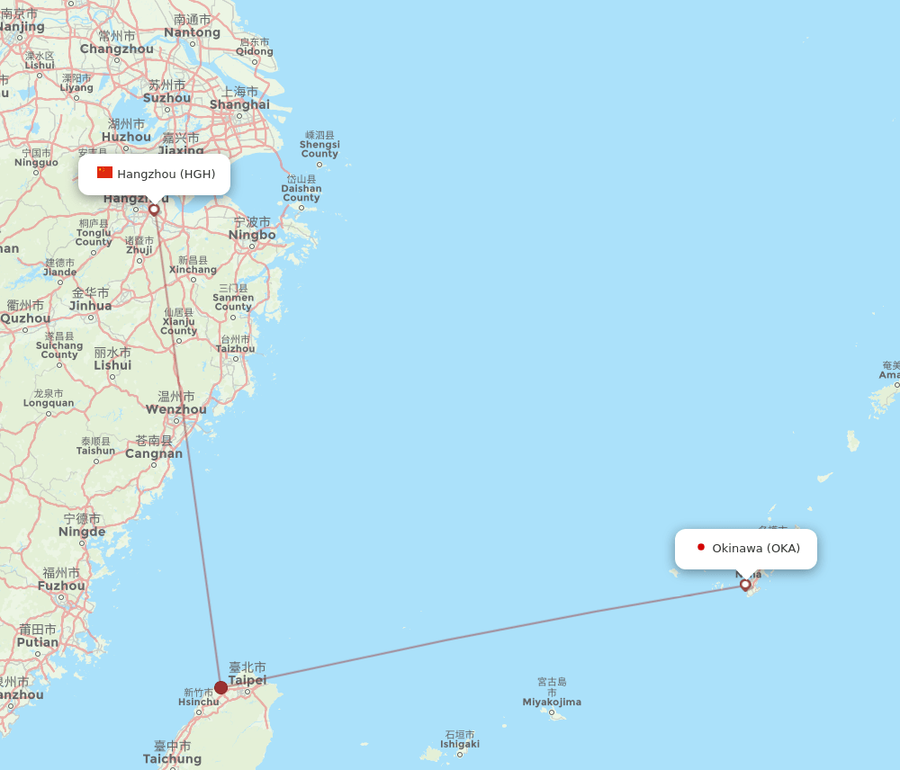 Hangzhou - Okinawa route map and flight paths