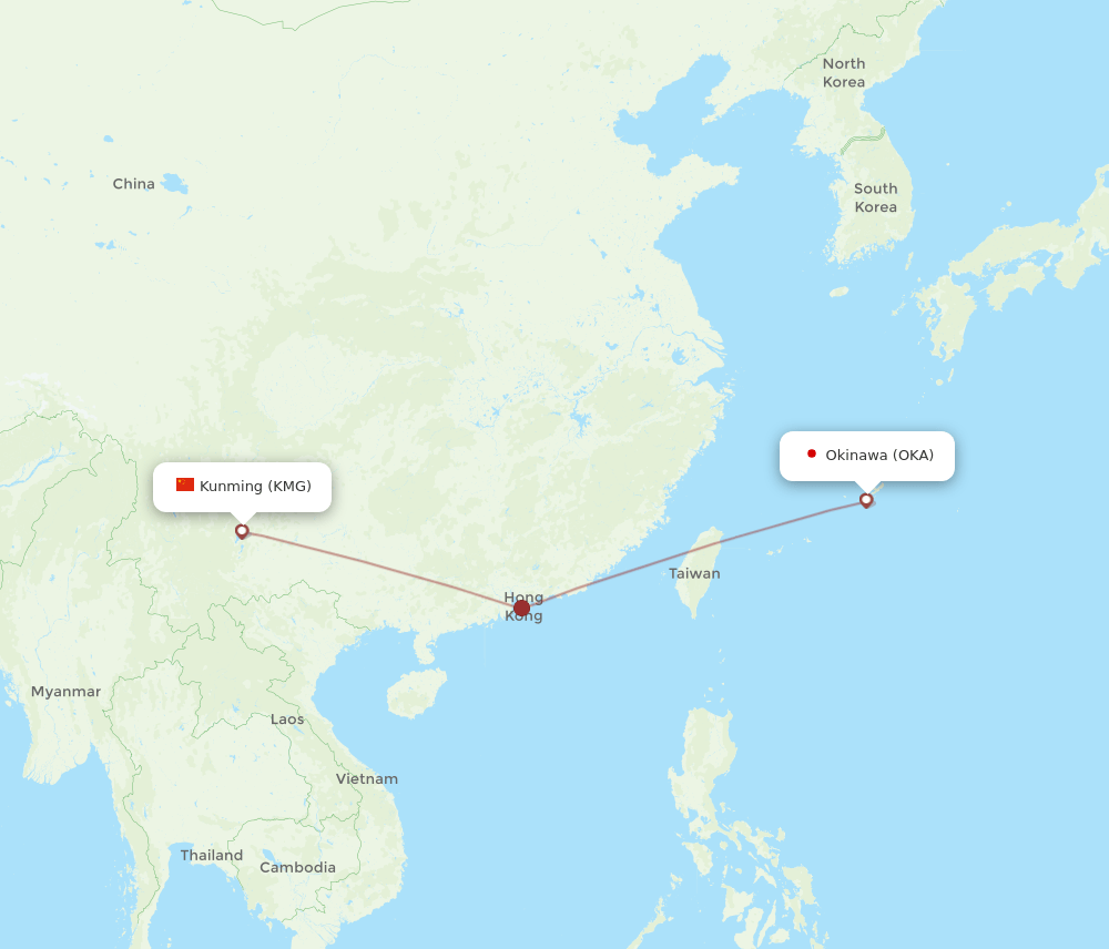 Kunming - Okinawa route map and flight paths