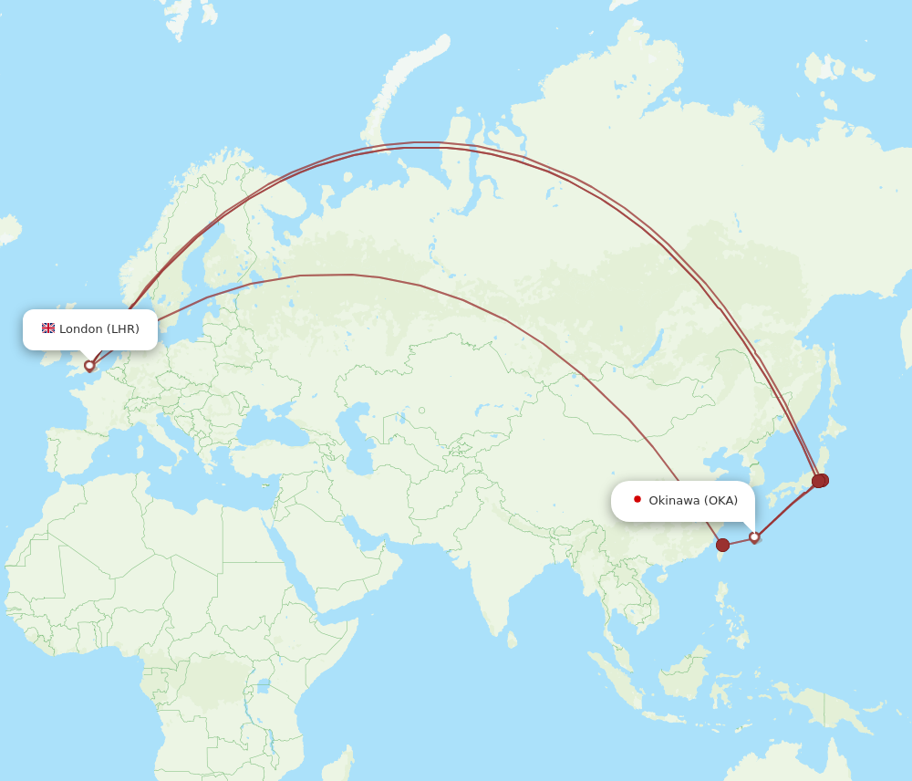 OKA to LHR flights and routes map