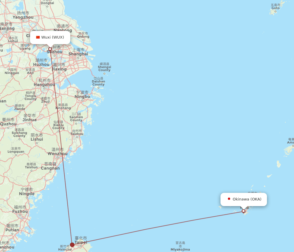 Wuxi - Okinawa route map and flight paths