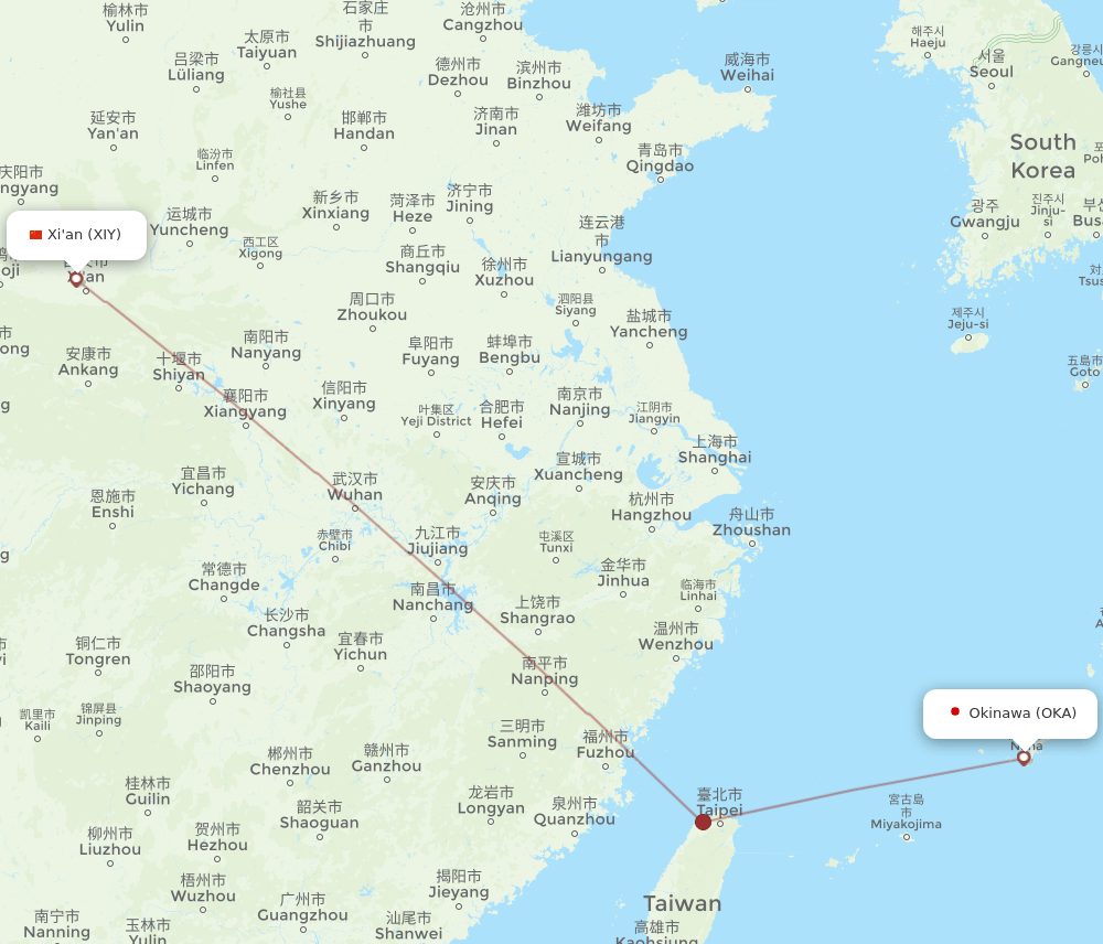 Xian - Okinawa route map and flight paths
