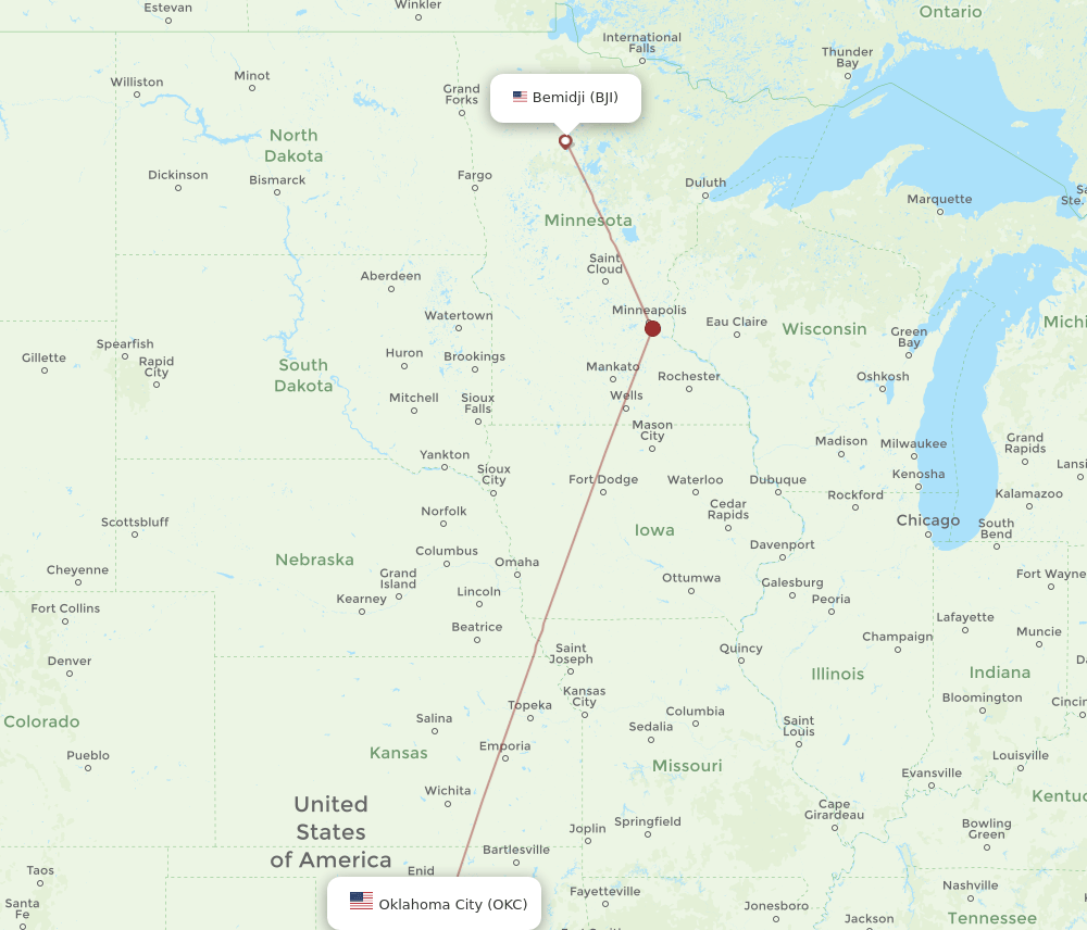Bemidji - Oklahoma City route map and flight paths