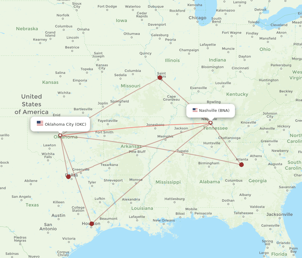 OKC to BNA flights and routes map