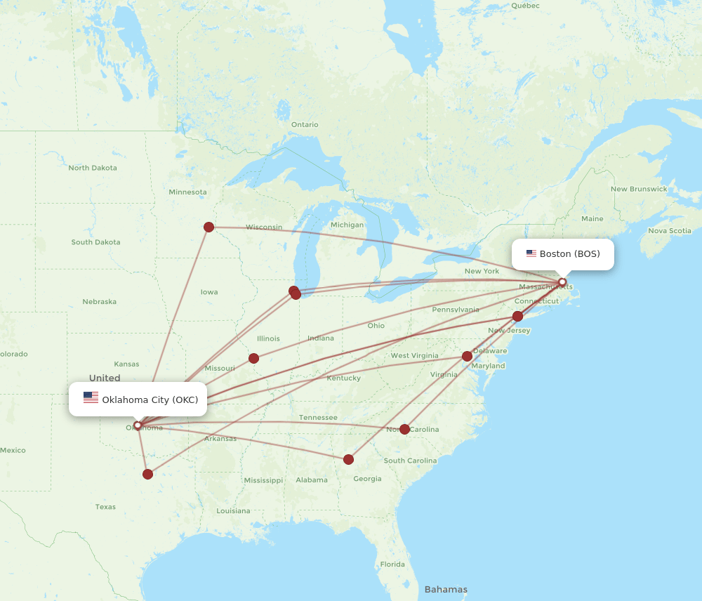 OKC to BOS flights and routes map