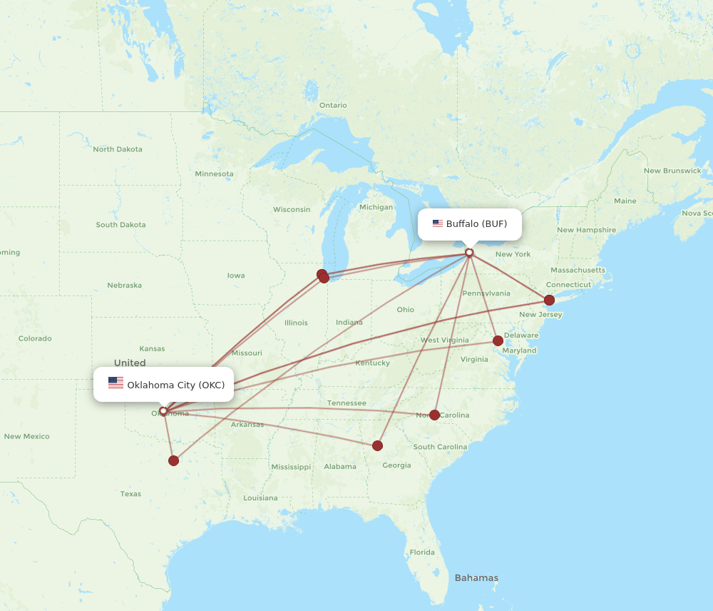 OKC to BUF flights and routes map