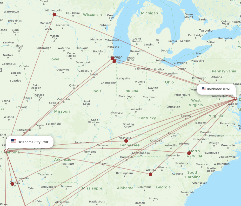 OKC to BWI flights and routes map