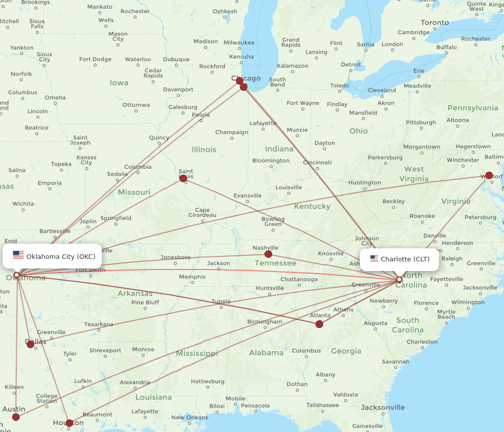 OKC to CLT flights and routes map