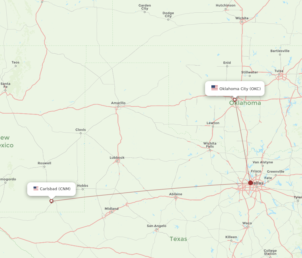 Oklahoma City - Carlsbad route map and flight paths