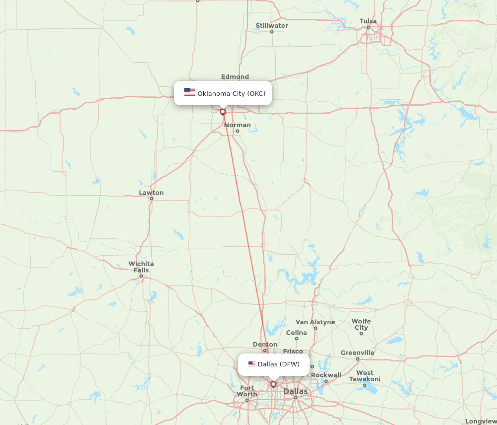 Oklahoma City - Dallas route map and flight paths
