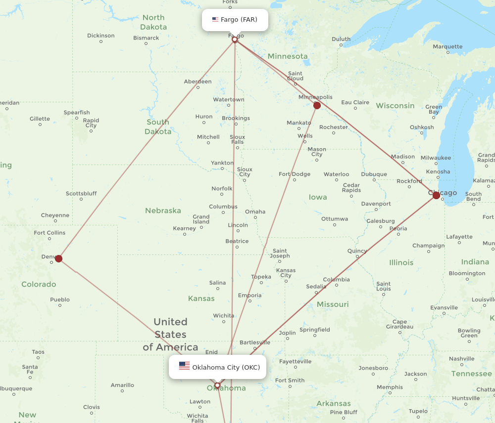 OKC to FAR flights and routes map