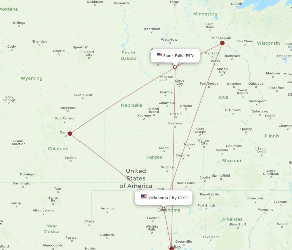 OKC-FSD flight routes