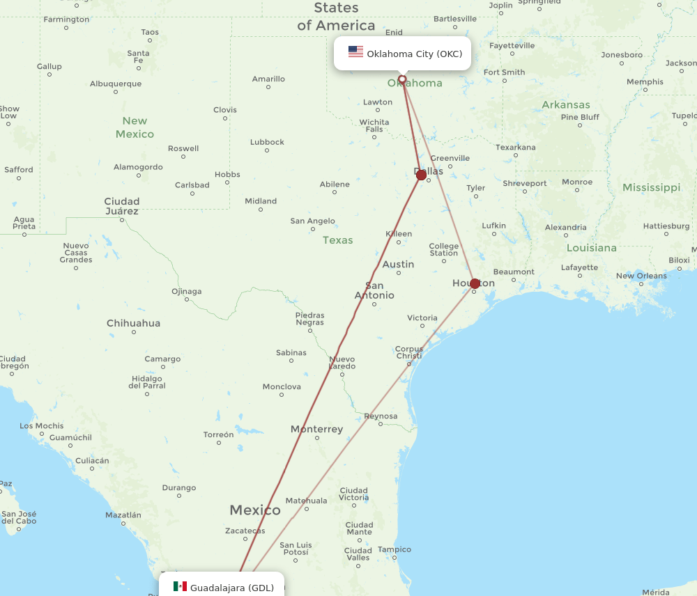 OKC to GDL flights and routes map