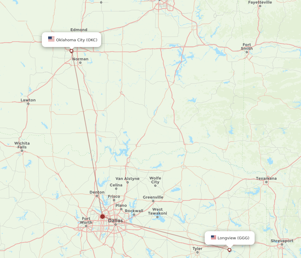 OKC to GGG flights and routes map
