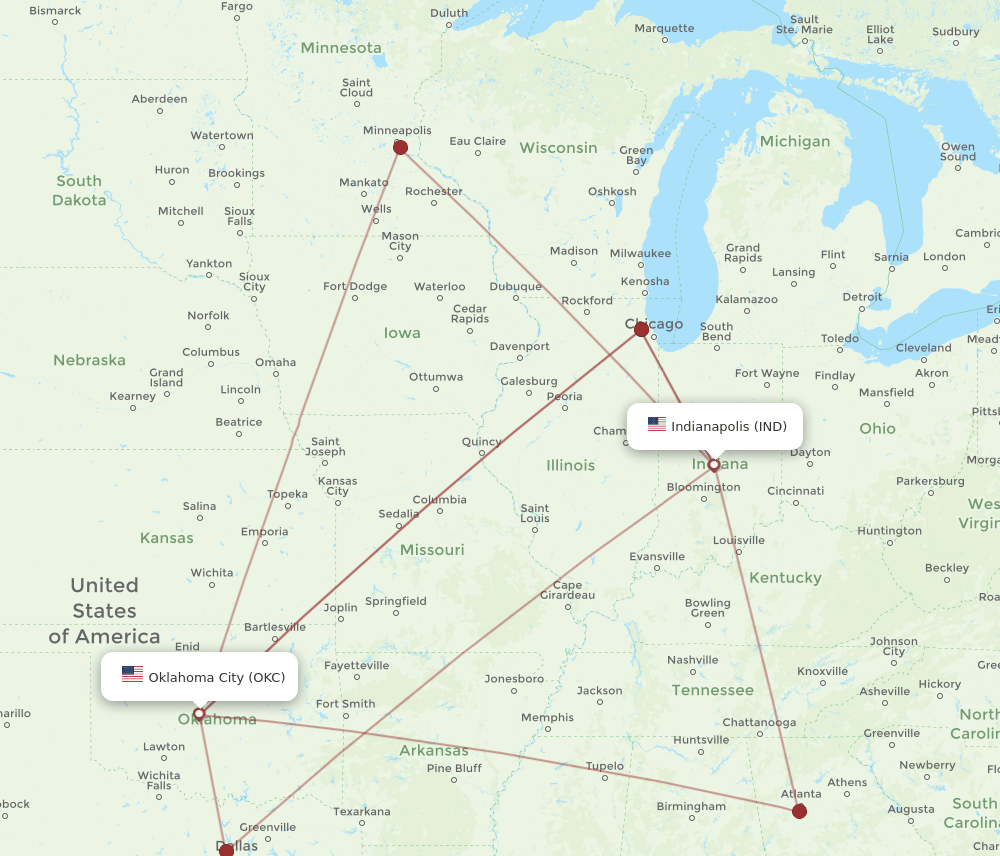 OKC-IND flight routes