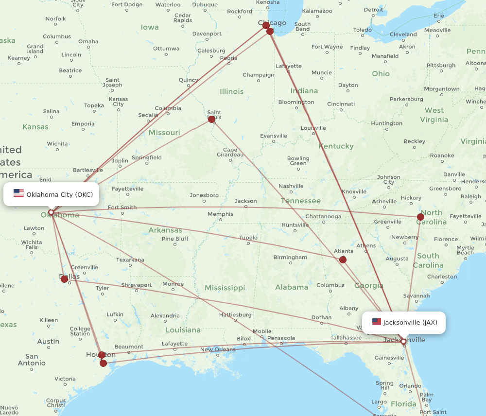 OKC-JAX flight routes