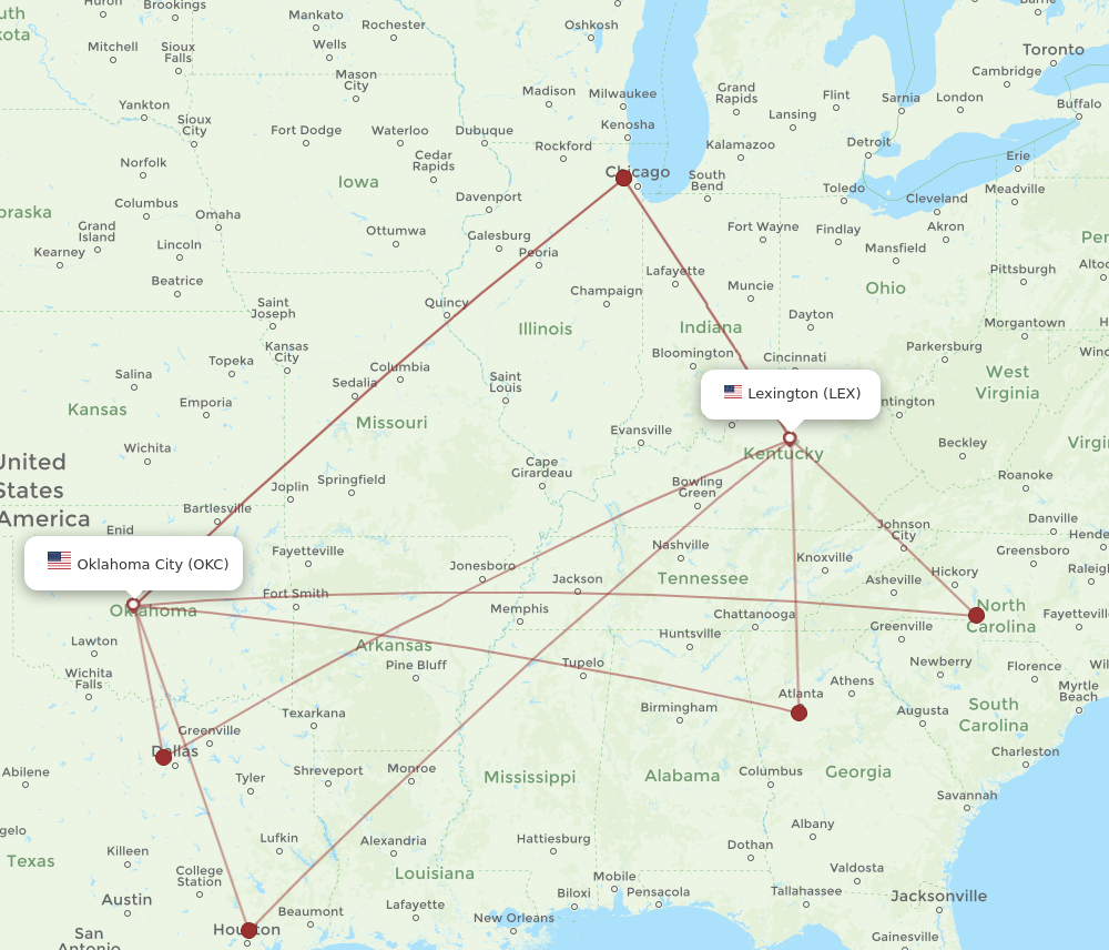 OKC to LEX flights and routes map