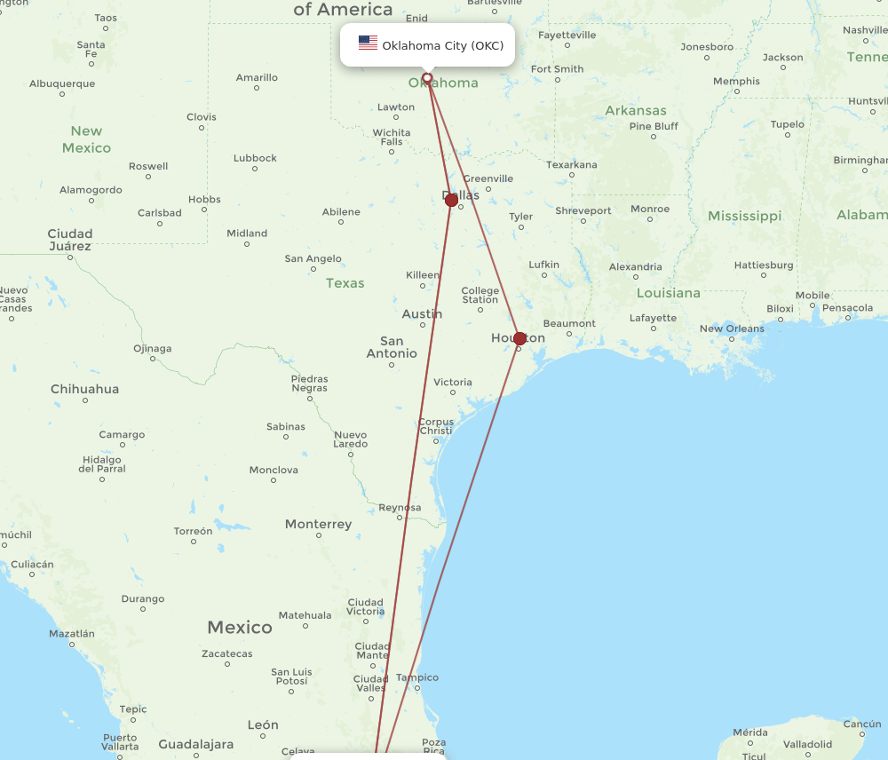 OKC to MEX flights and routes map
