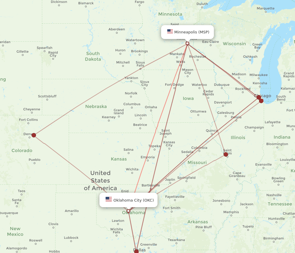 OKC-MSP flight routes