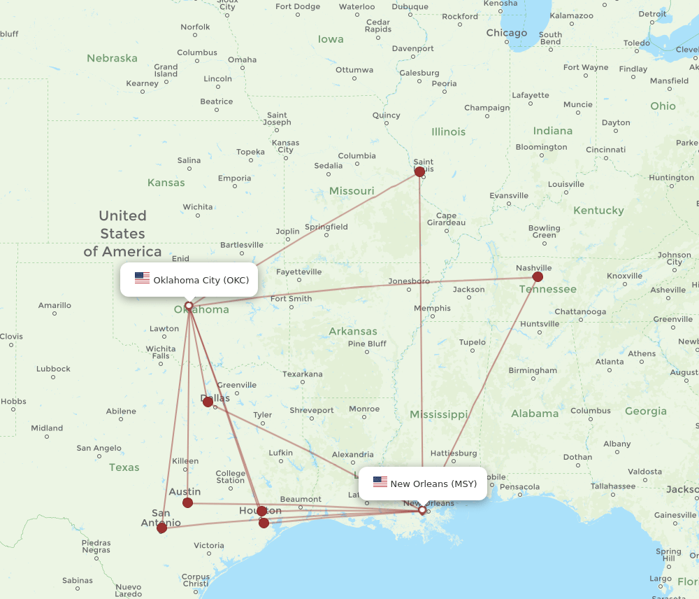 OKC to MSY flights and routes map