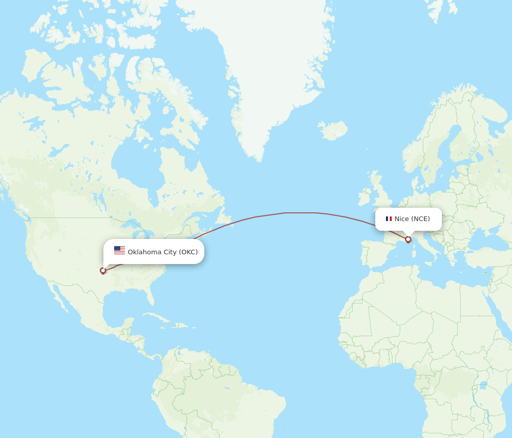 NCE to OKC flights and routes map