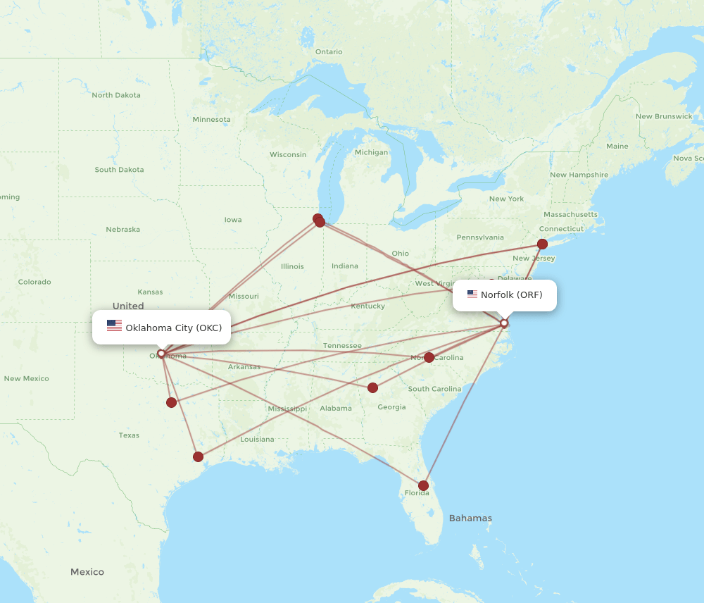 OKC-ORF flight routes