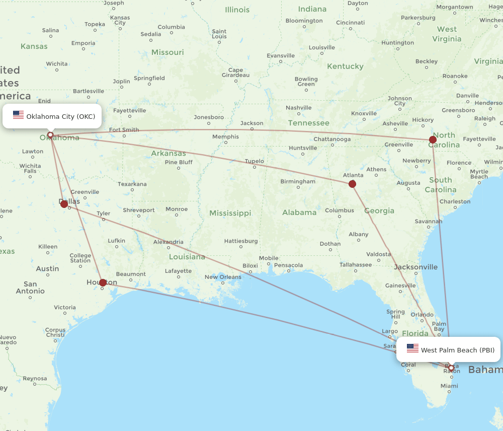 OKC-PBI flight routes