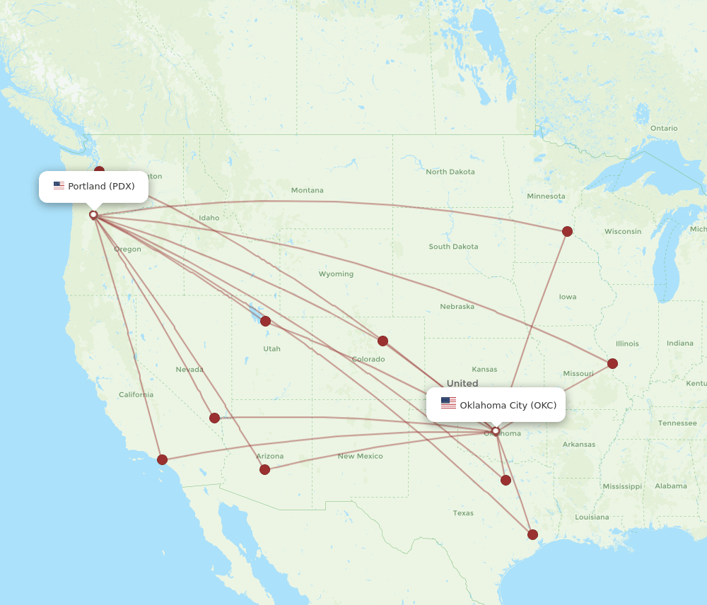 OKC to PDX flights and routes map