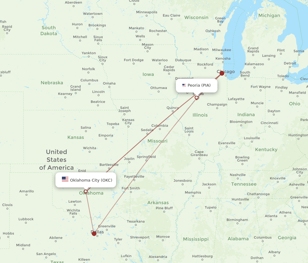 OKC to PIA flights and routes map