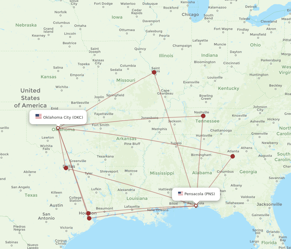OKC-PNS flight routes
