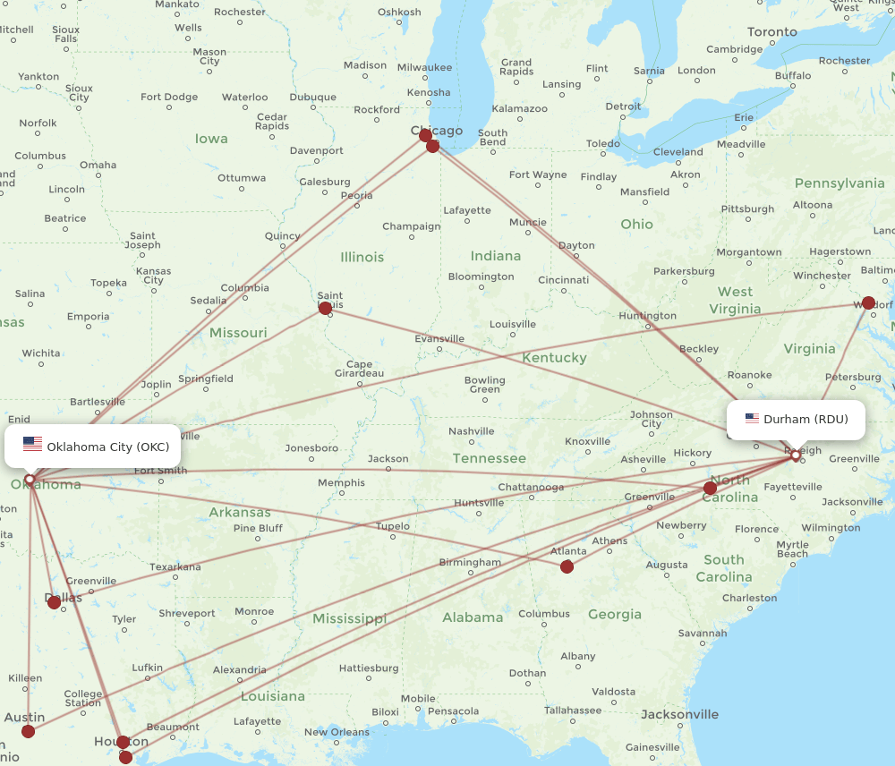 OKC-RDU flight routes