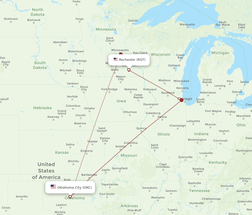 OKC-RST flight routes