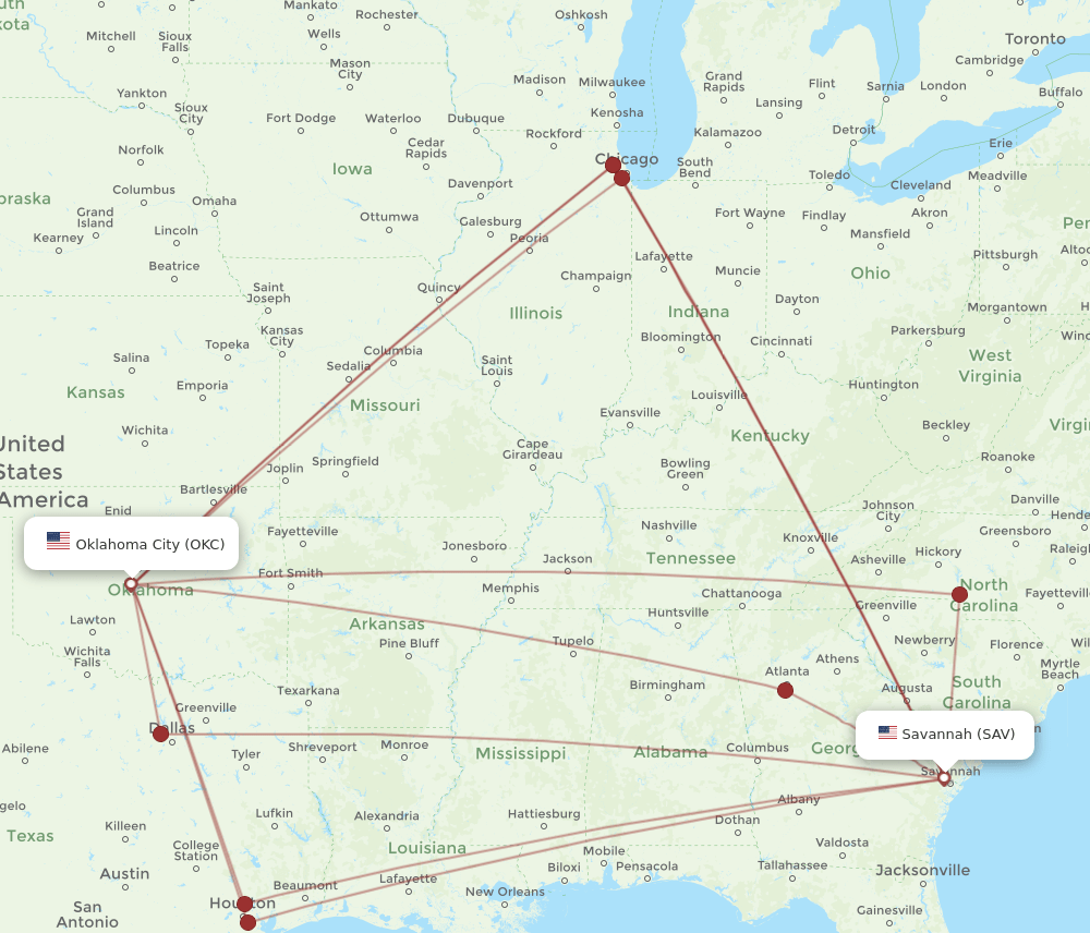 OKC to SAV flights and routes map