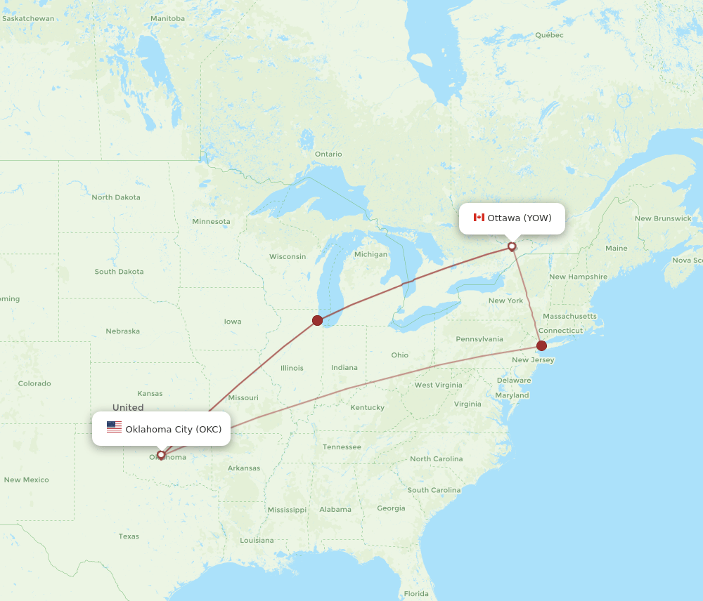 OKC to YOW flights and routes map