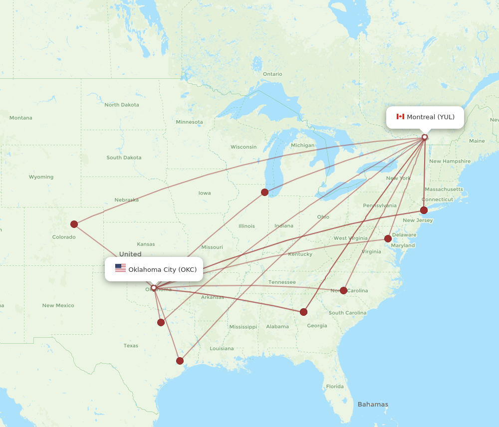 OKC to YUL flights and routes map