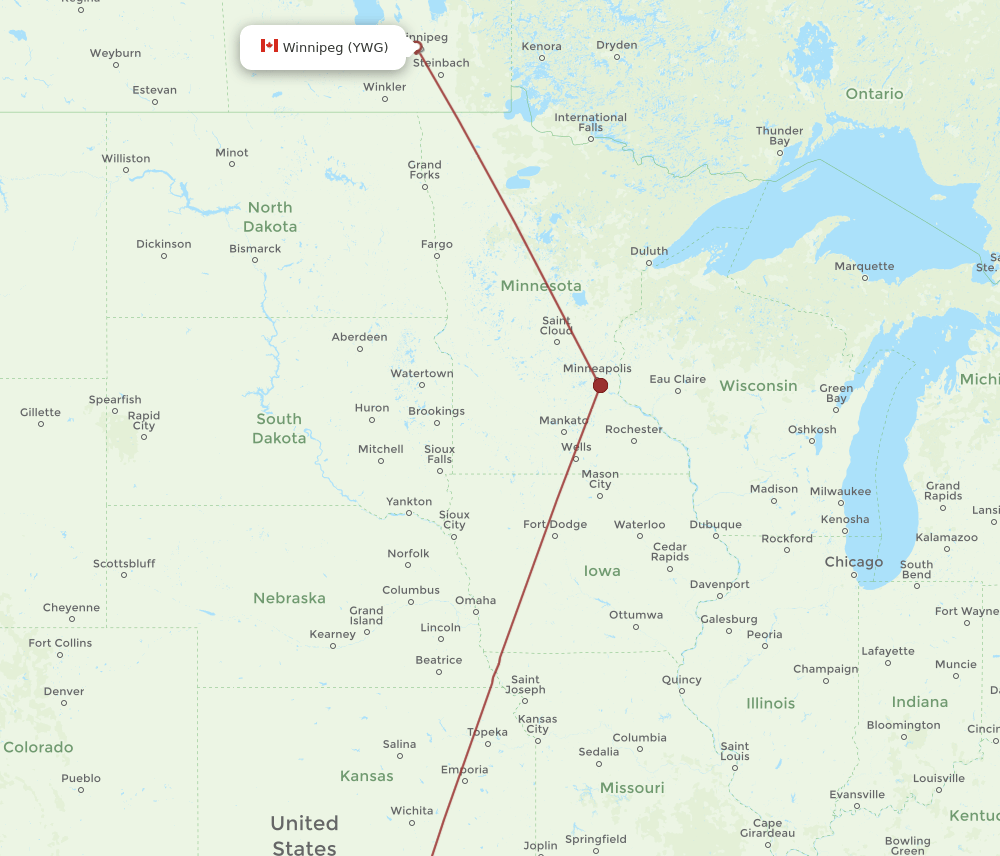 Winnipeg - Oklahoma City route map and flight paths
