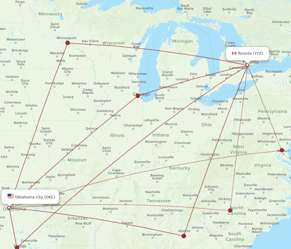 YYZ to OKC flights and routes map