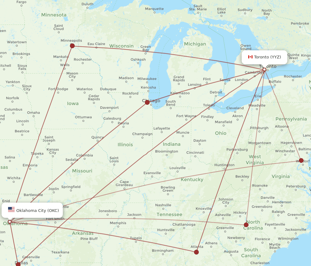Toronto - Oklahoma City route map and flight paths