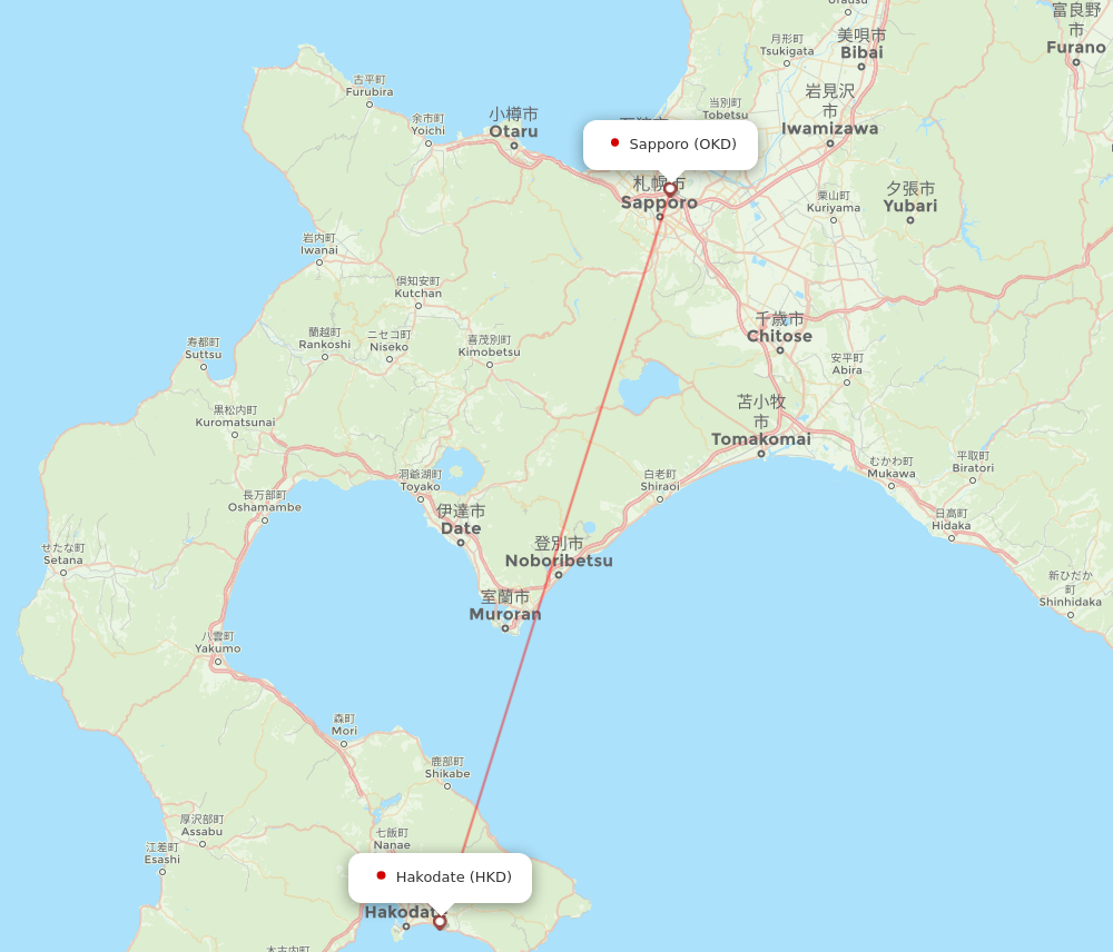 OKD to HKD flights and routes map