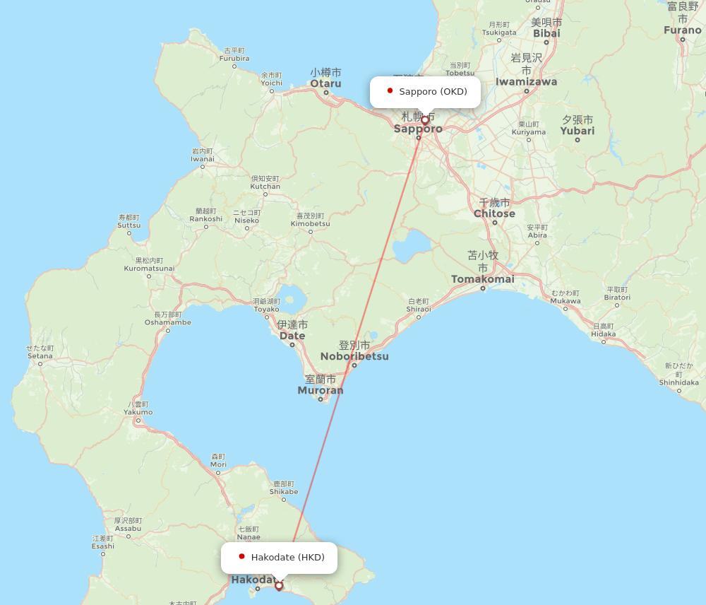 Sapporo - Hakodate route map and flight paths