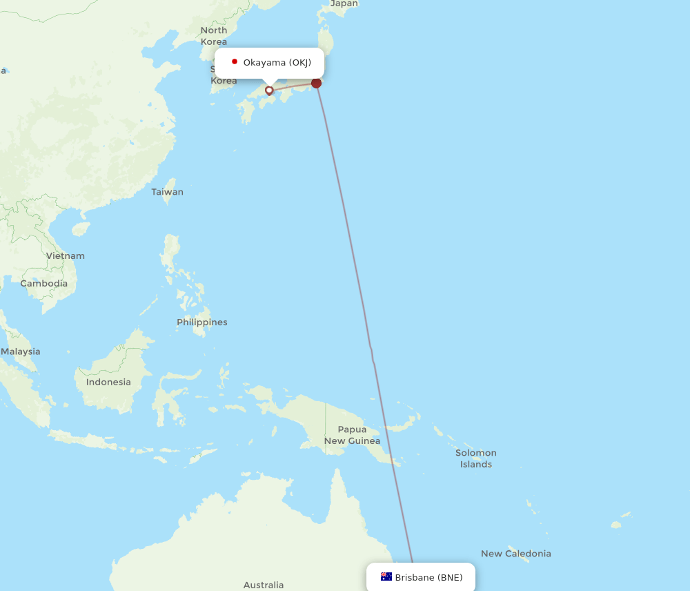 OKJ to BNE flights and routes map