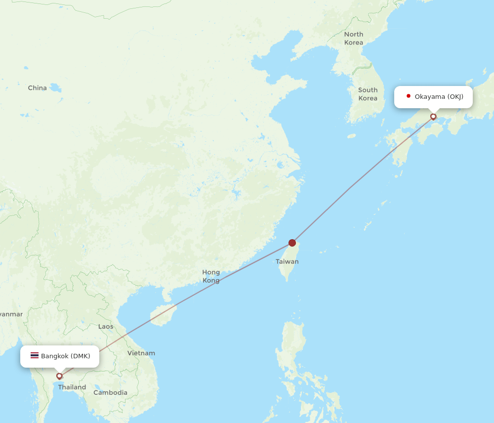 Okayama - Bangkok route map and flight paths