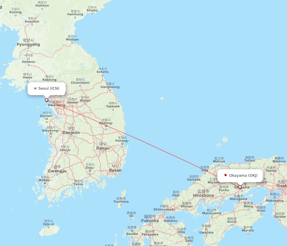 Okayama - Seoul route map and flight paths